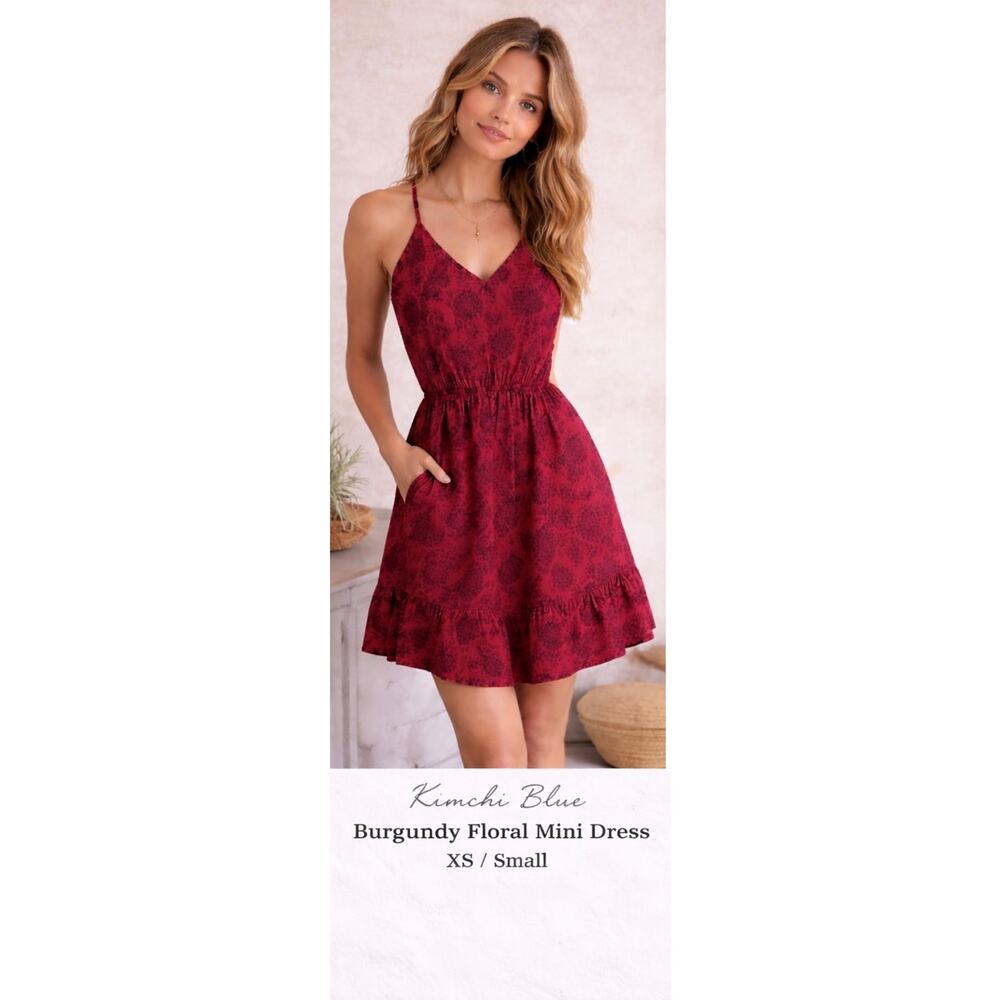 Kimchi Blue Red Floral Mini Dress Womens XS Small Fit Flare Boho - Picture 2 of 3